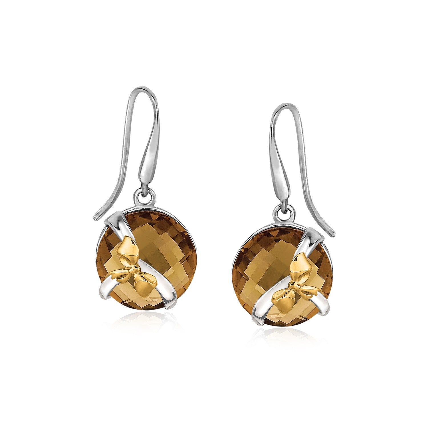 18K Yellow Gold and Sterling Silver Bow Motif Drop Earrings