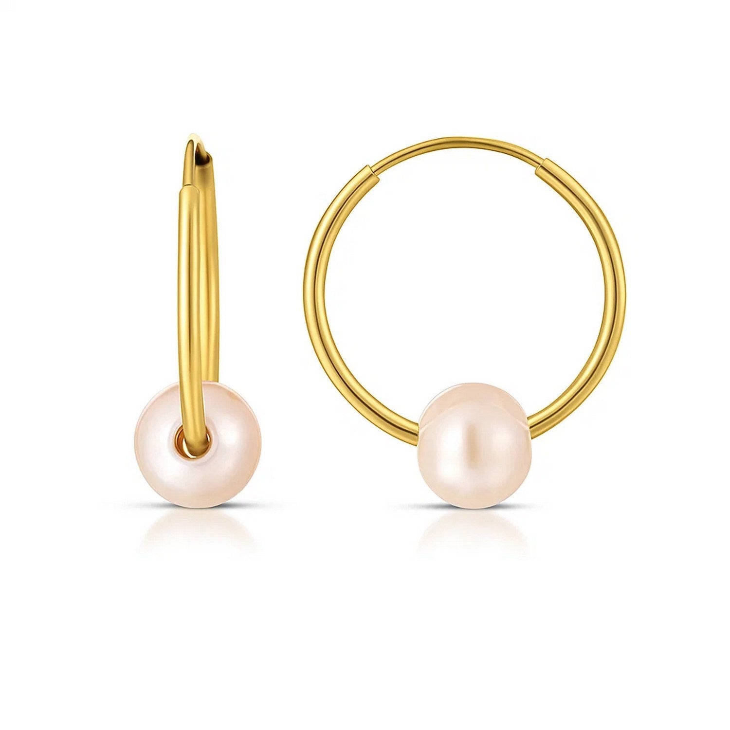 14k yellow gold modern hoop earrings featuring lustrous round pearls for an elegant touch.