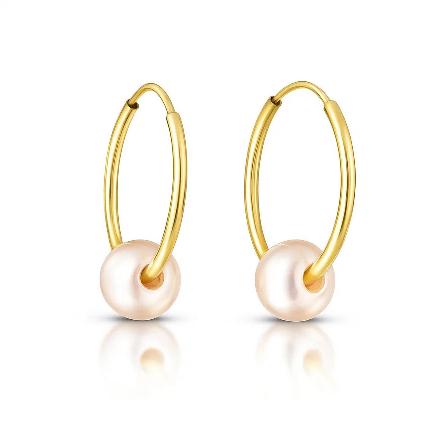 14k yellow gold modern hoop earrings adorned with lustrous pearls, showcasing timeless elegance and refined style.