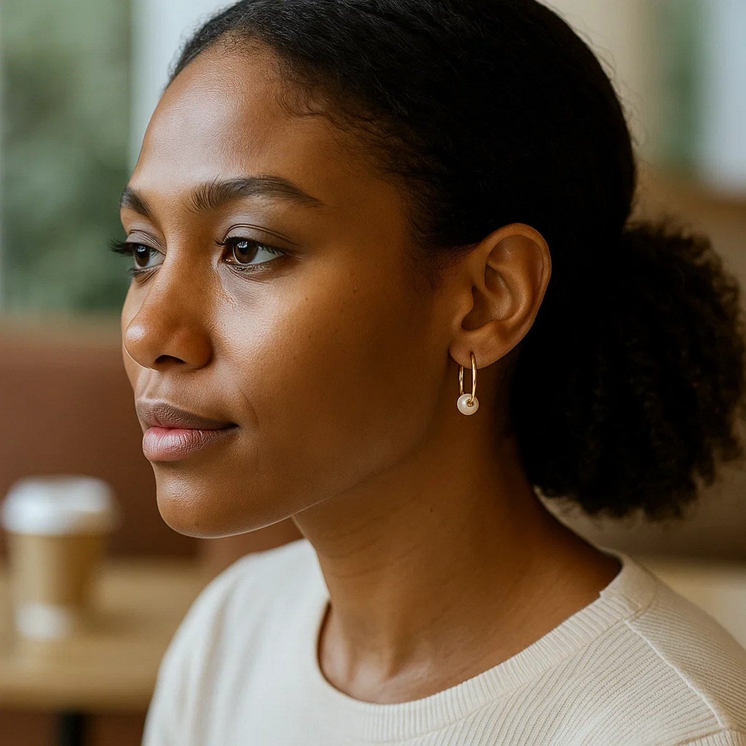 14k yellow gold modern hoop earrings adorned with lustrous pearls, showcasing elegance and timeless style.