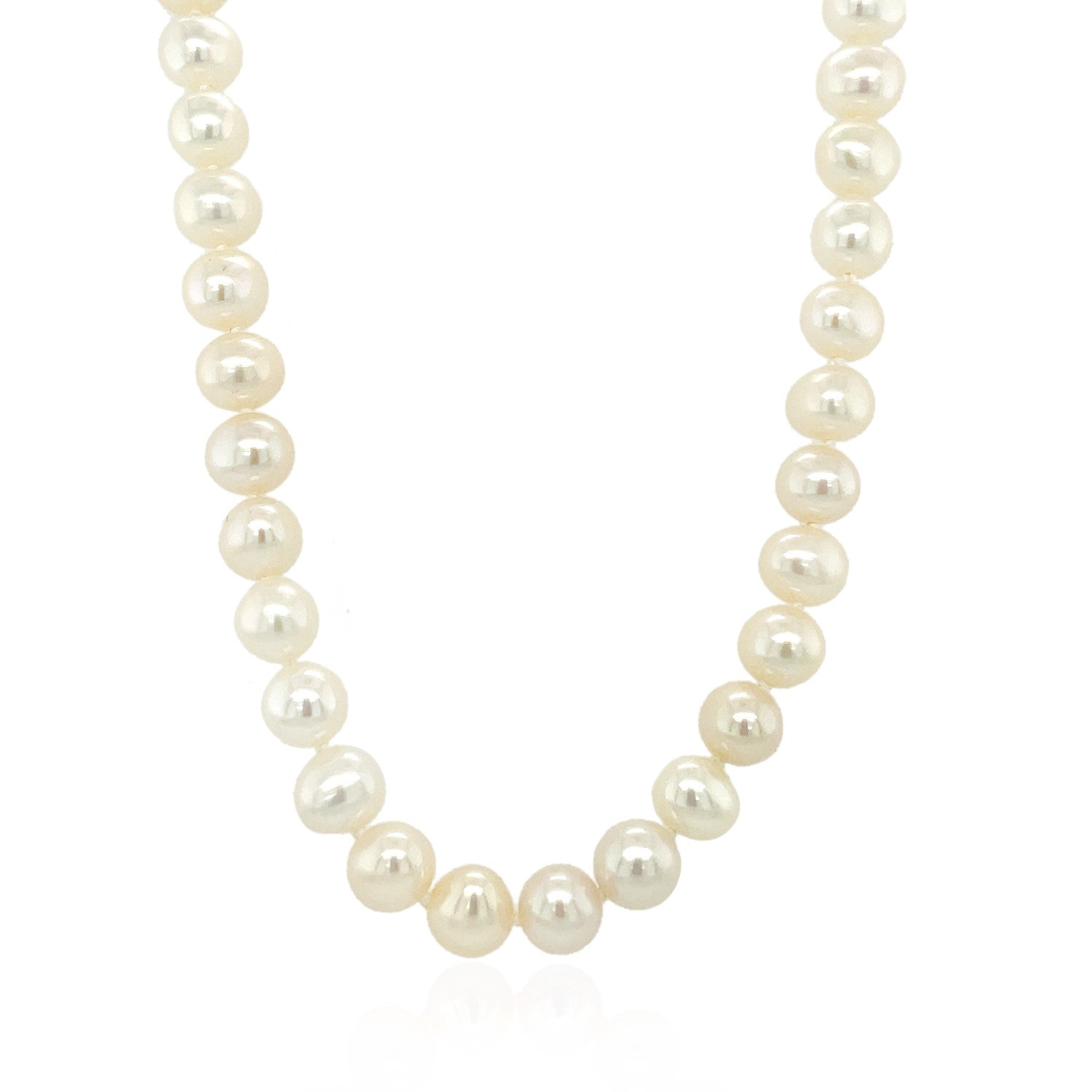 14k yellow gold necklace featuring modern design with round white freshwater cultured pearls, 6.0mm to 6.5mm.