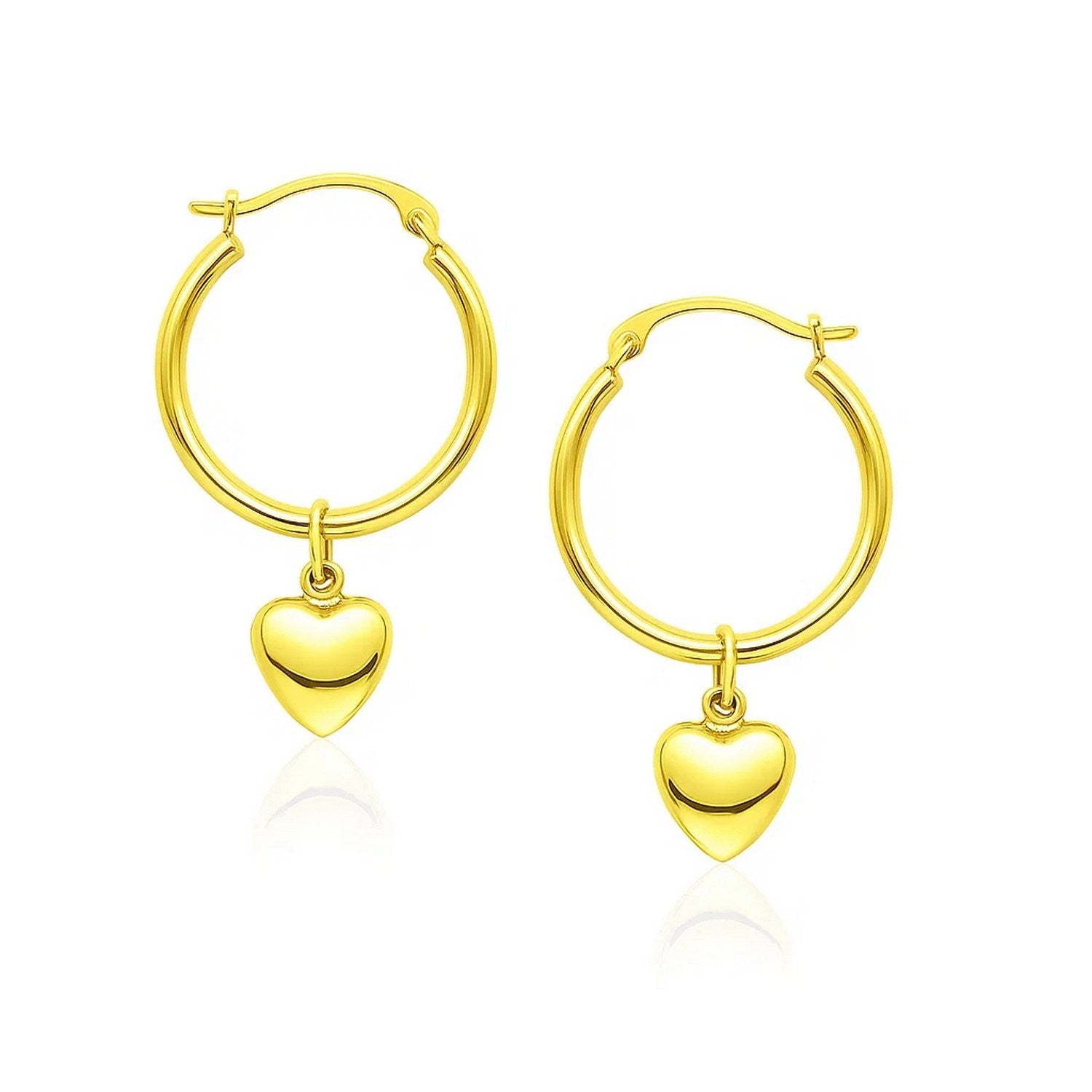 14k yellow gold hoop earrings featuring a dangling puffed heart for a modern, elegant touch.