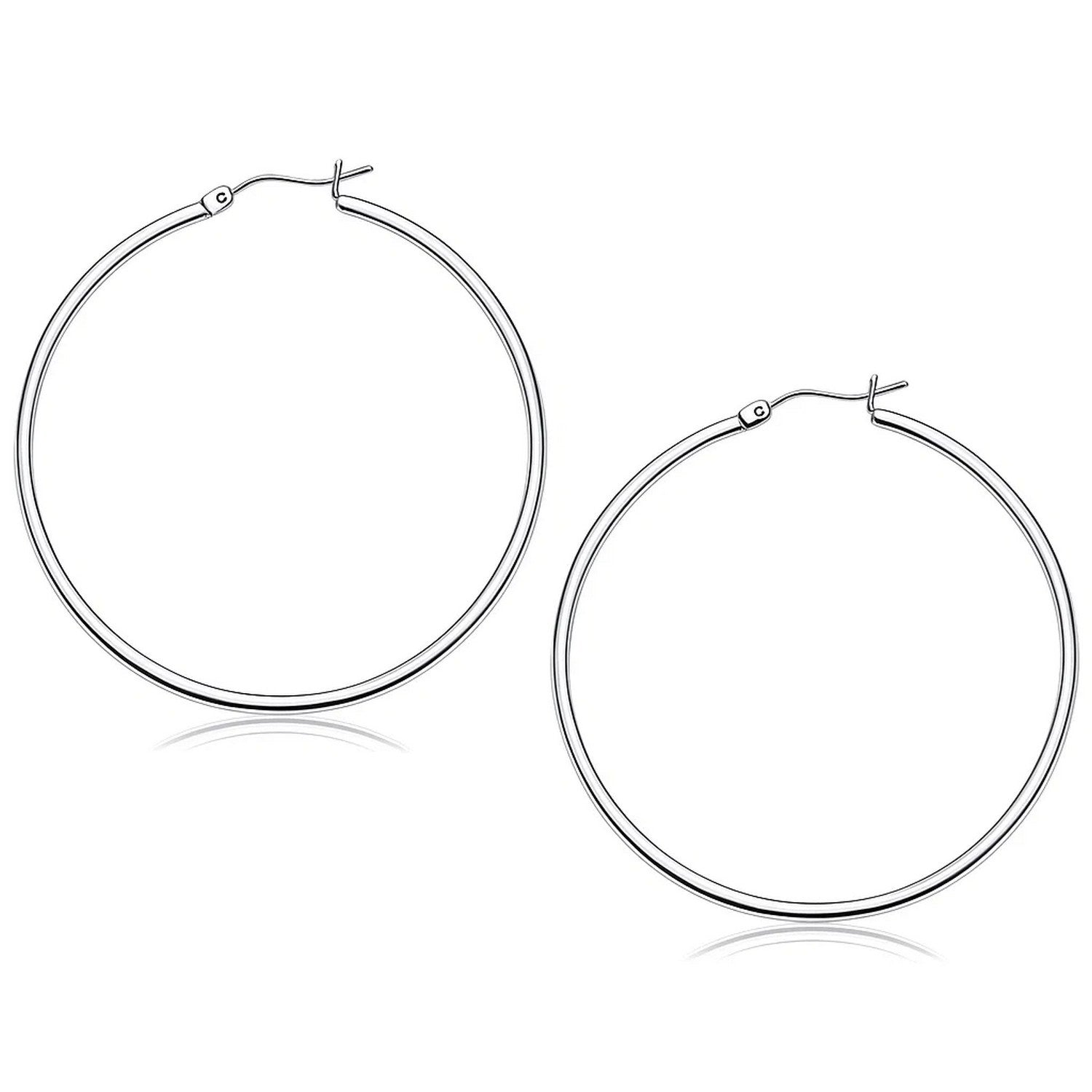 14k white gold polished hoop earrings with a sleek modern design, perfect for elegant everyday wear.