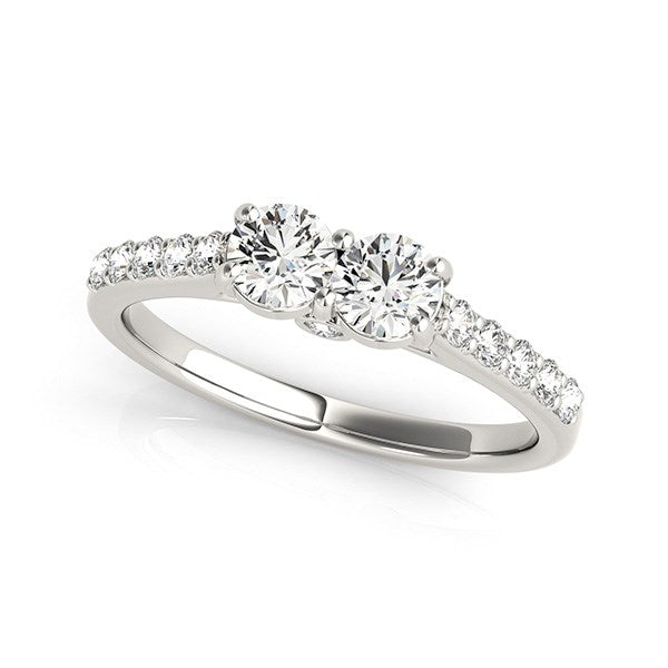 14k white gold modern two-stone diamond ring featuring exquisite bezel and prong settings, totaling 3/4 cttw.