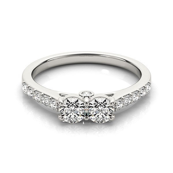 14k white gold round two stone diamond ring with modern bezel and prong settings, showcasing exquisite brilliance.