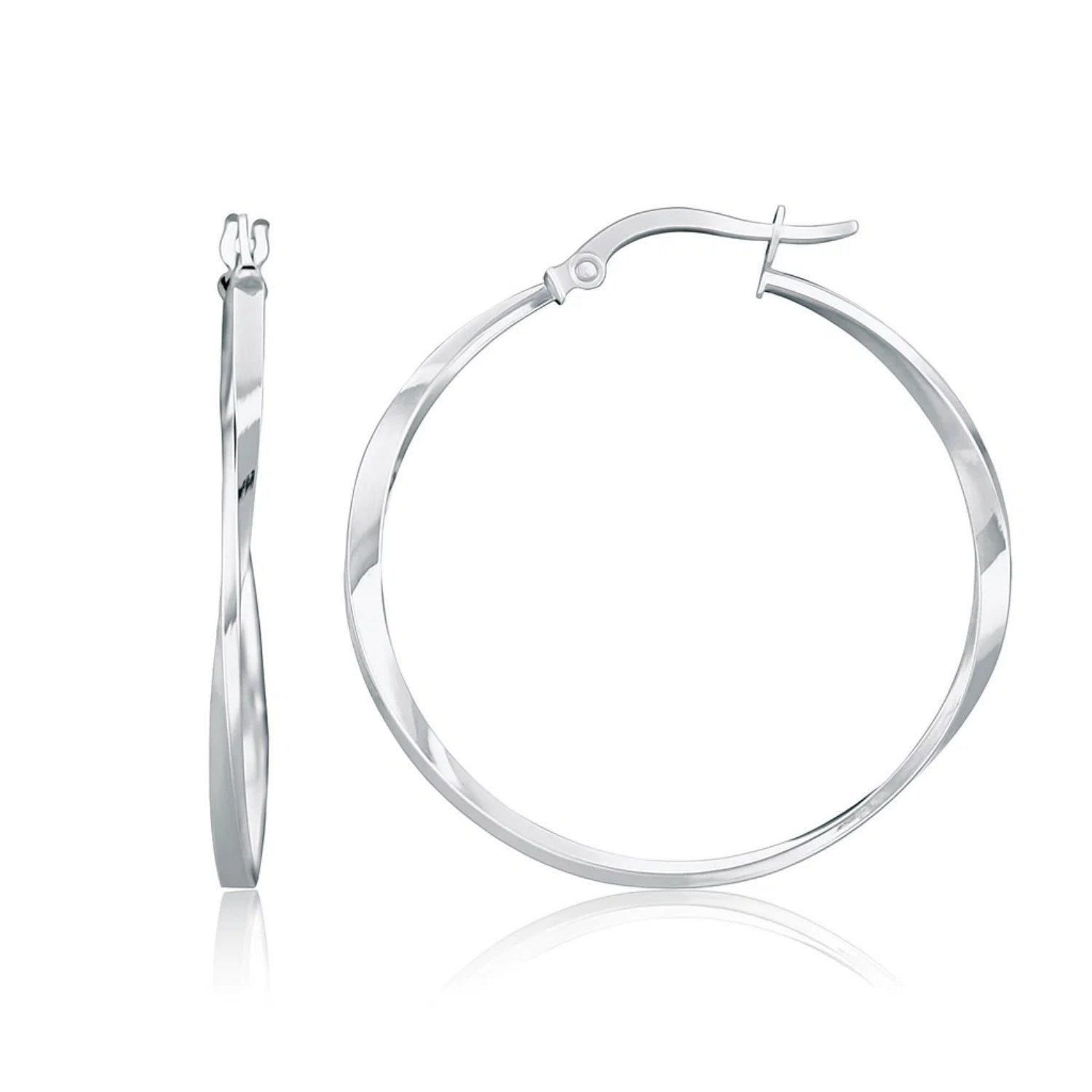 14k white gold Mobius twisted hoop earrings, showcasing a modern design with elegant, fluid lines for a luxurious look.