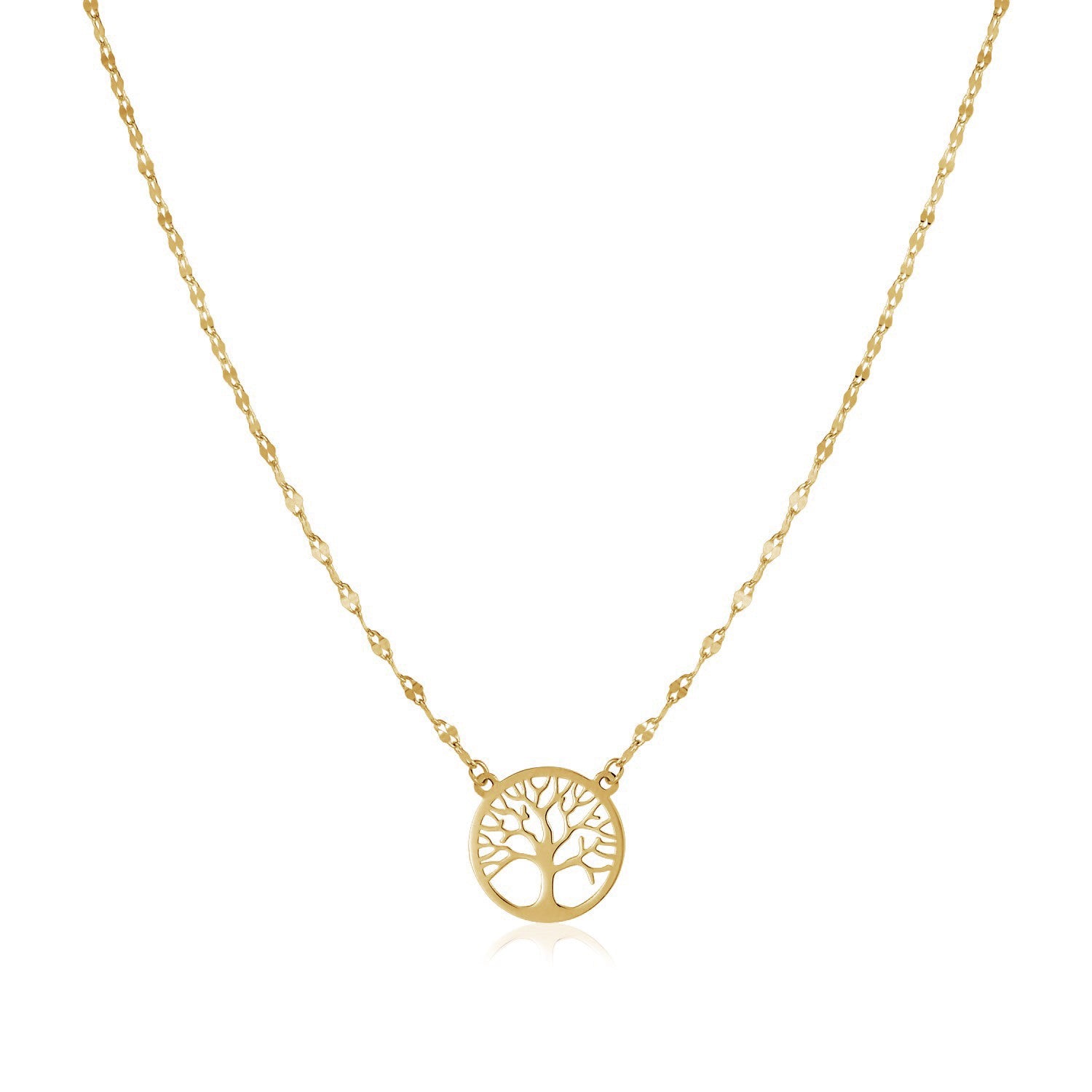 Elegant 14K yellow gold Tree of Life necklace with a delicate link chain, embodying timeless luxury and craftsmanship.