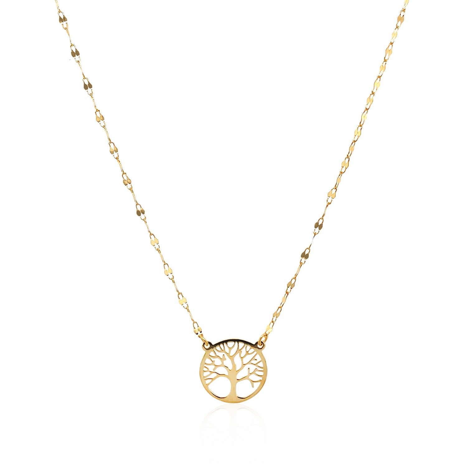 Elegant 14K yellow gold Tree of Life necklace with a delicate link chain, showcasing timeless craftsmanship and style.