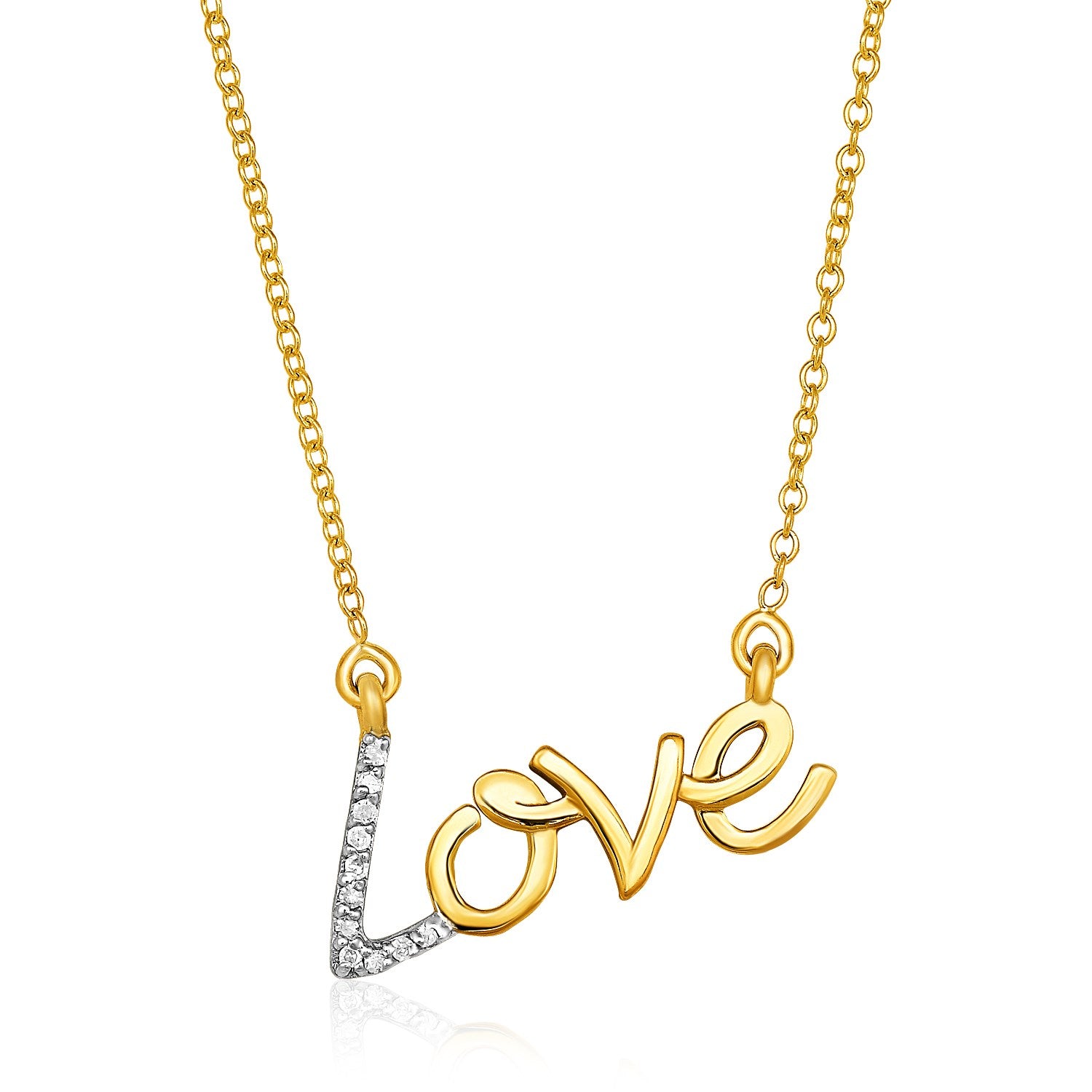 14k yellow gold 18-inch necklace featuring a diamond love symbol on a modern round chain design.