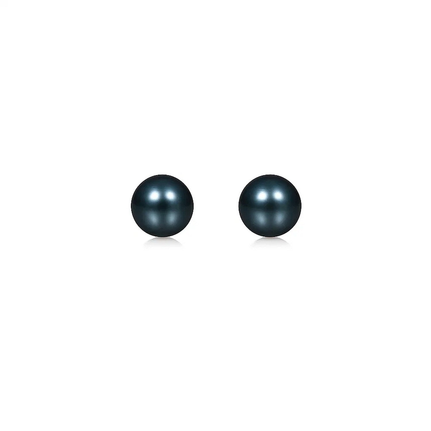 14k yellow gold stud earrings featuring 7mm cultured black pearls in a modern round design.