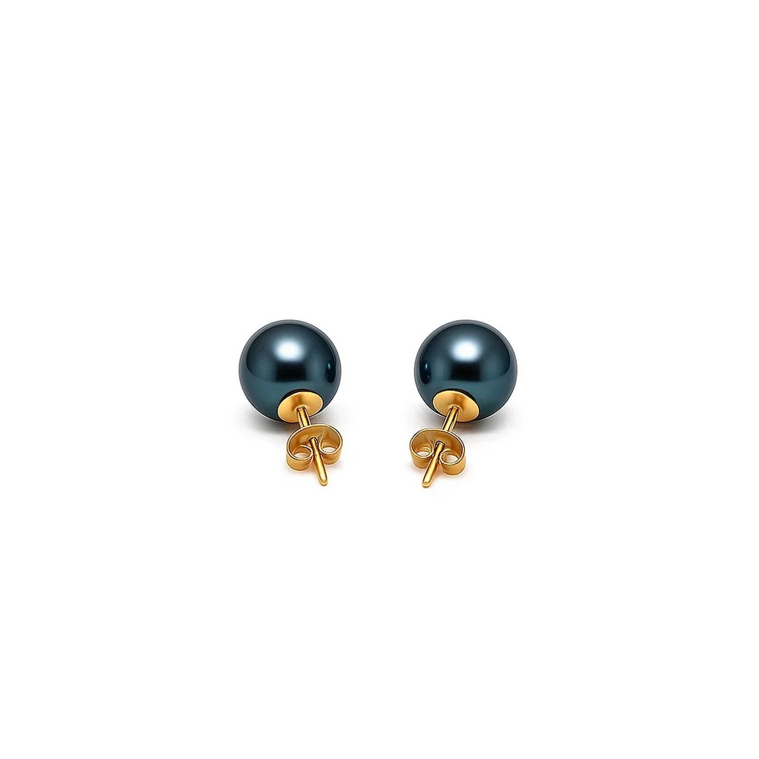 14k yellow gold stud earrings featuring 7mm cultured black pearls in a modern round design.
