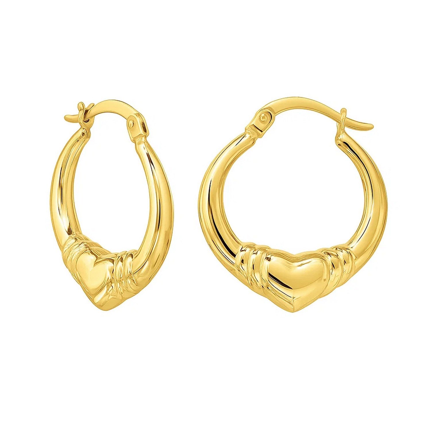 14k yellow gold polished heart hoop earrings with a modern design, perfect for elegant occasions and everyday wear.
