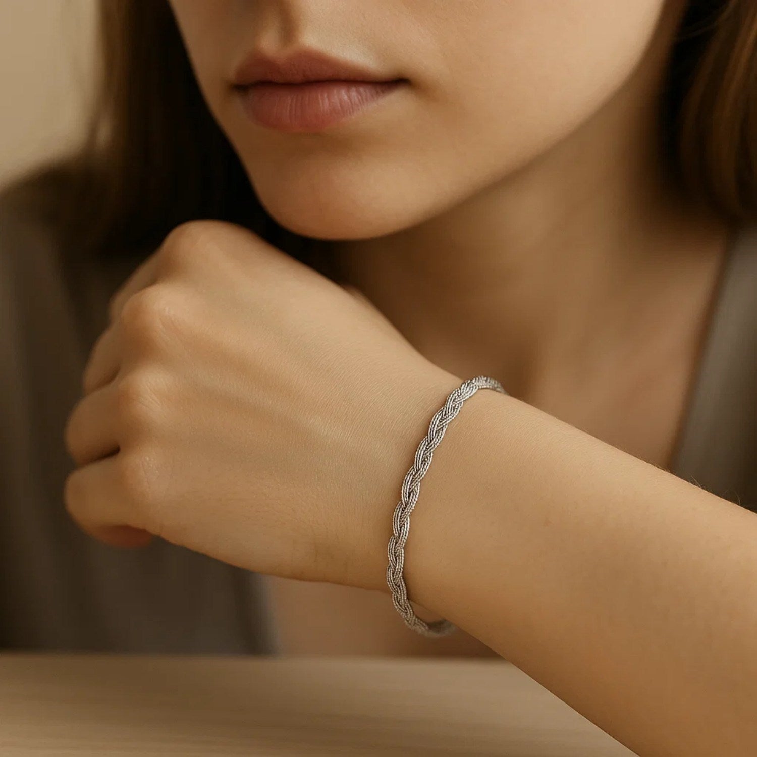 14k white gold braided bracelet featuring a classic chain design, perfect for elegant layering or standalone wear.