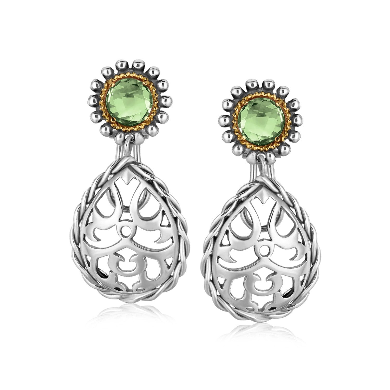 18K Yellow Gold and Sterling Silver Green Amethyst Drop Earrings