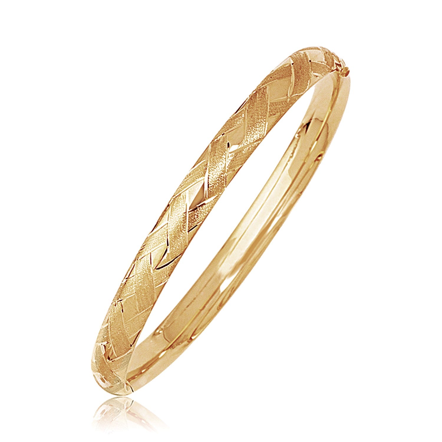 14k yellow gold domed bangle featuring an elegant weave motif, perfect for luxury jewelry enthusiasts.