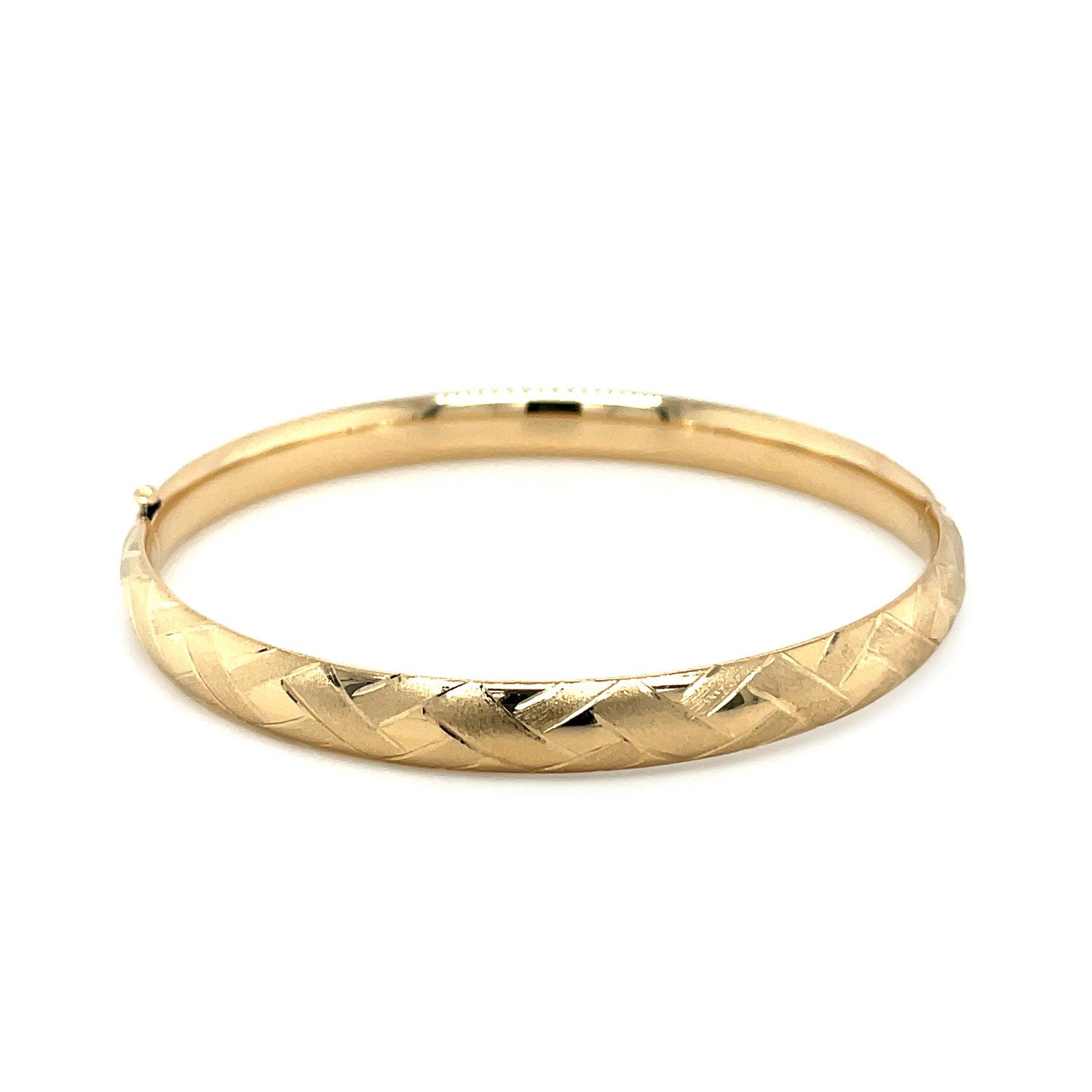 14k yellow gold domed bangle featuring an elegant weave motif, perfect for luxury jewelry enthusiasts.