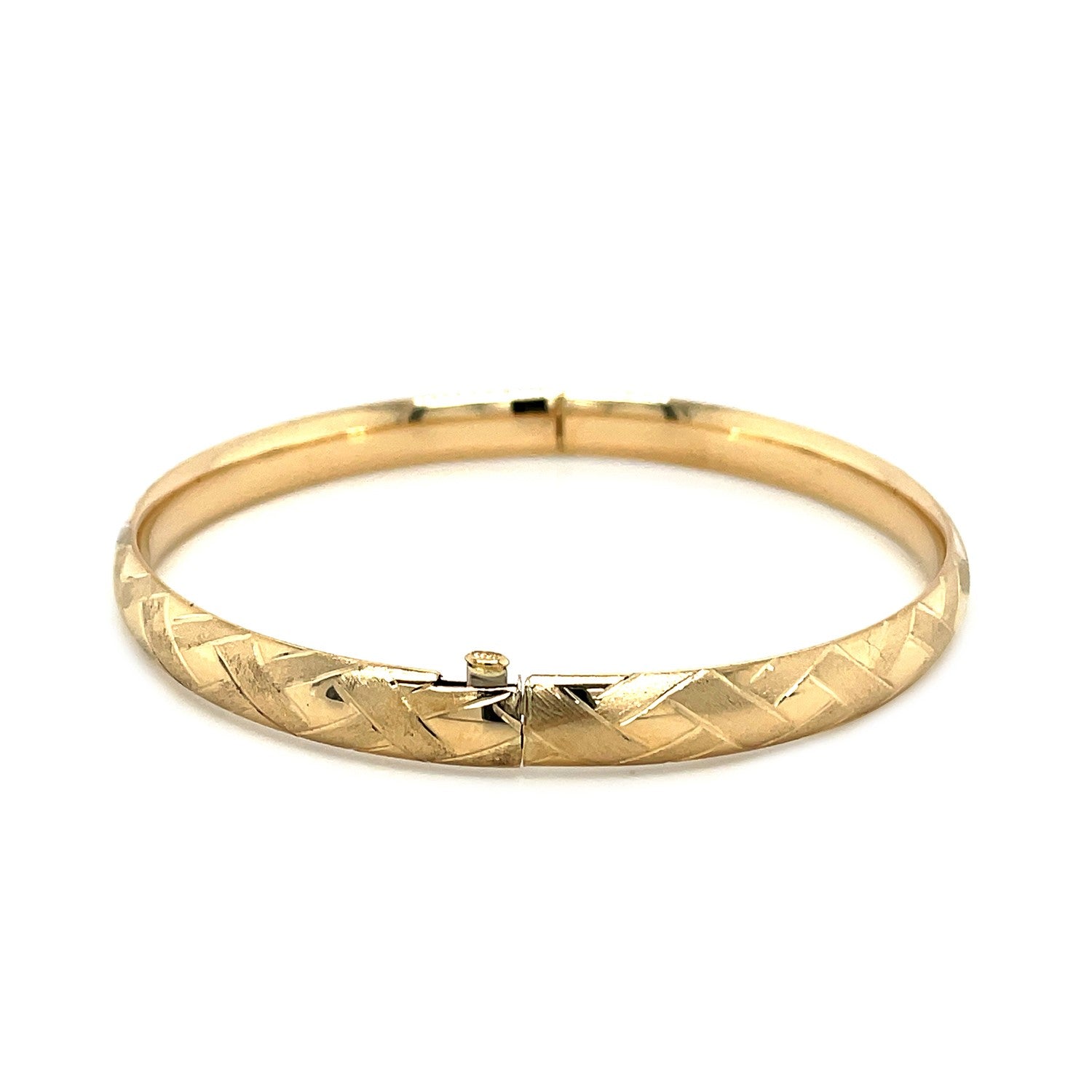 14k yellow gold domed bangle featuring an elegant weave motif, perfect for luxury jewelry collections.