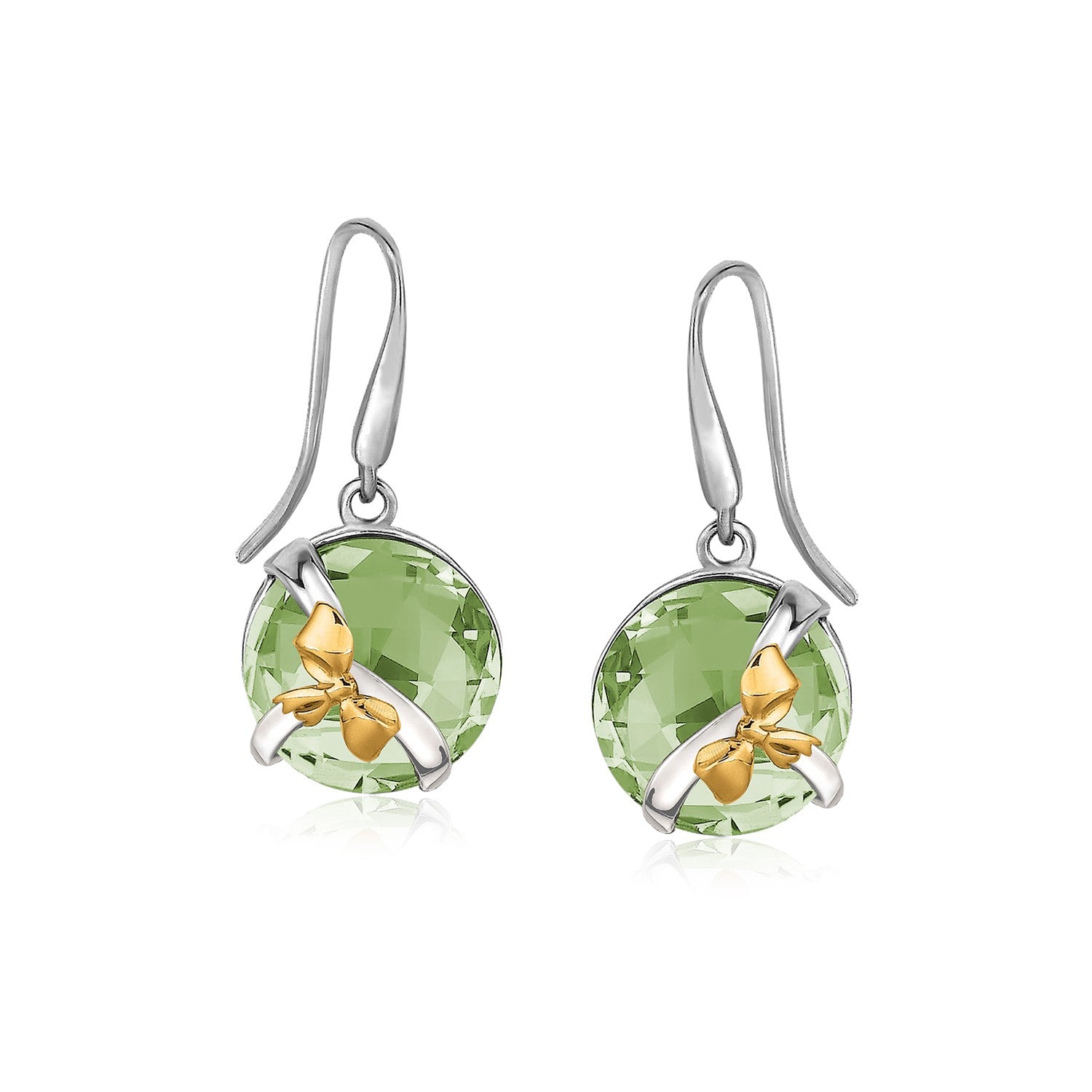 18K Yellow Gold and Sterling Silver Bow Drop Earrings with Round Green Amethysts