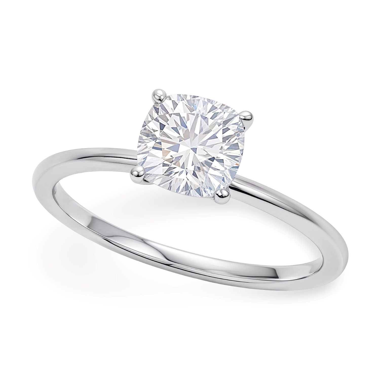 1 carat cushion lab-grown diamond solitaire ring in 10K white gold, featuring a modern prong setting for timeless elegance.