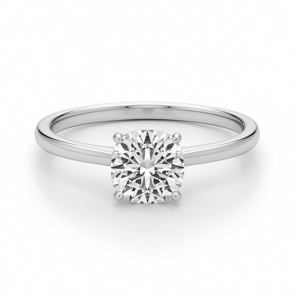 1 carat cushion lab-grown diamond solitaire ring in 10K white gold, featuring a modern prong setting for timeless elegance.