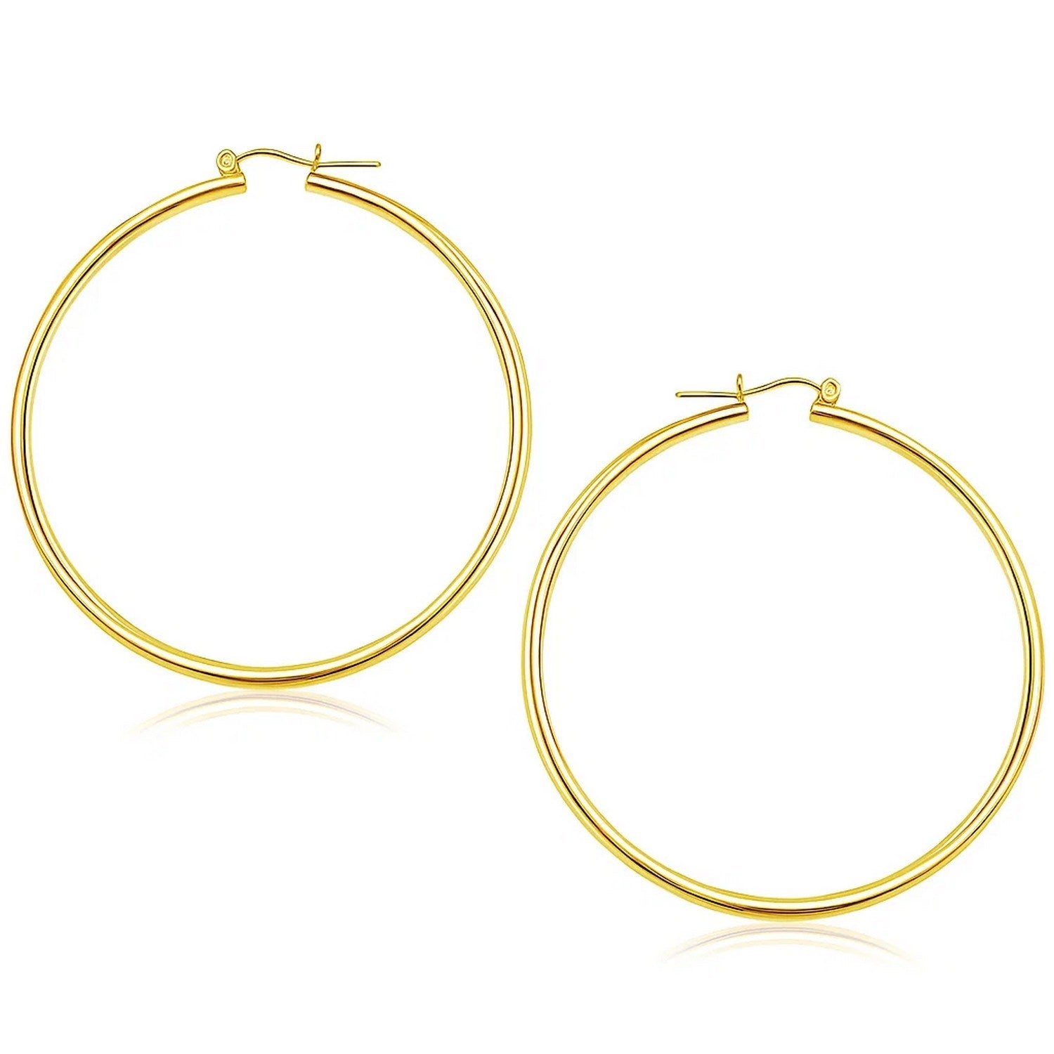 14k yellow gold polished hoop earrings, modern design, elegant 55mm size, perfect for any luxury jewelry collection.