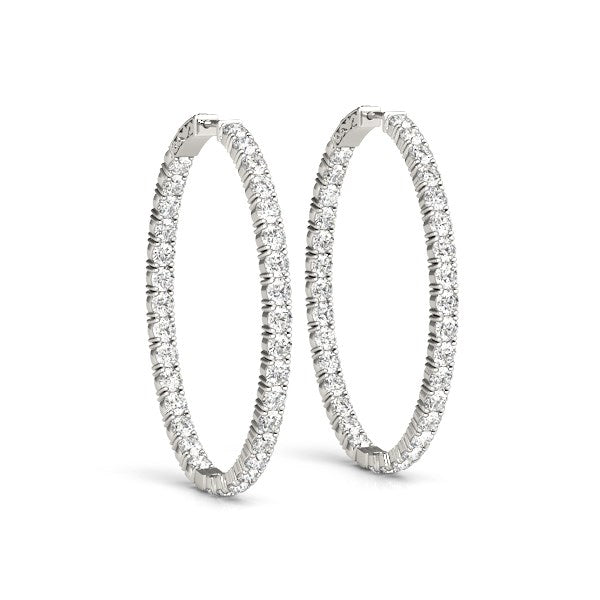 14k white gold two-sided diamond hoop earrings featuring round diamonds in a modern prong setting, total 2 cttw.