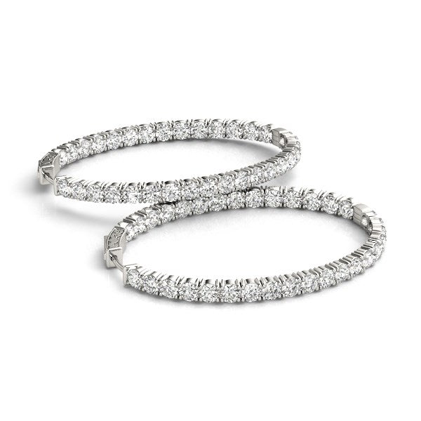 14k white gold two-sided diamond hoop earrings featuring round diamonds in a modern prong setting, total 2 cttw.
