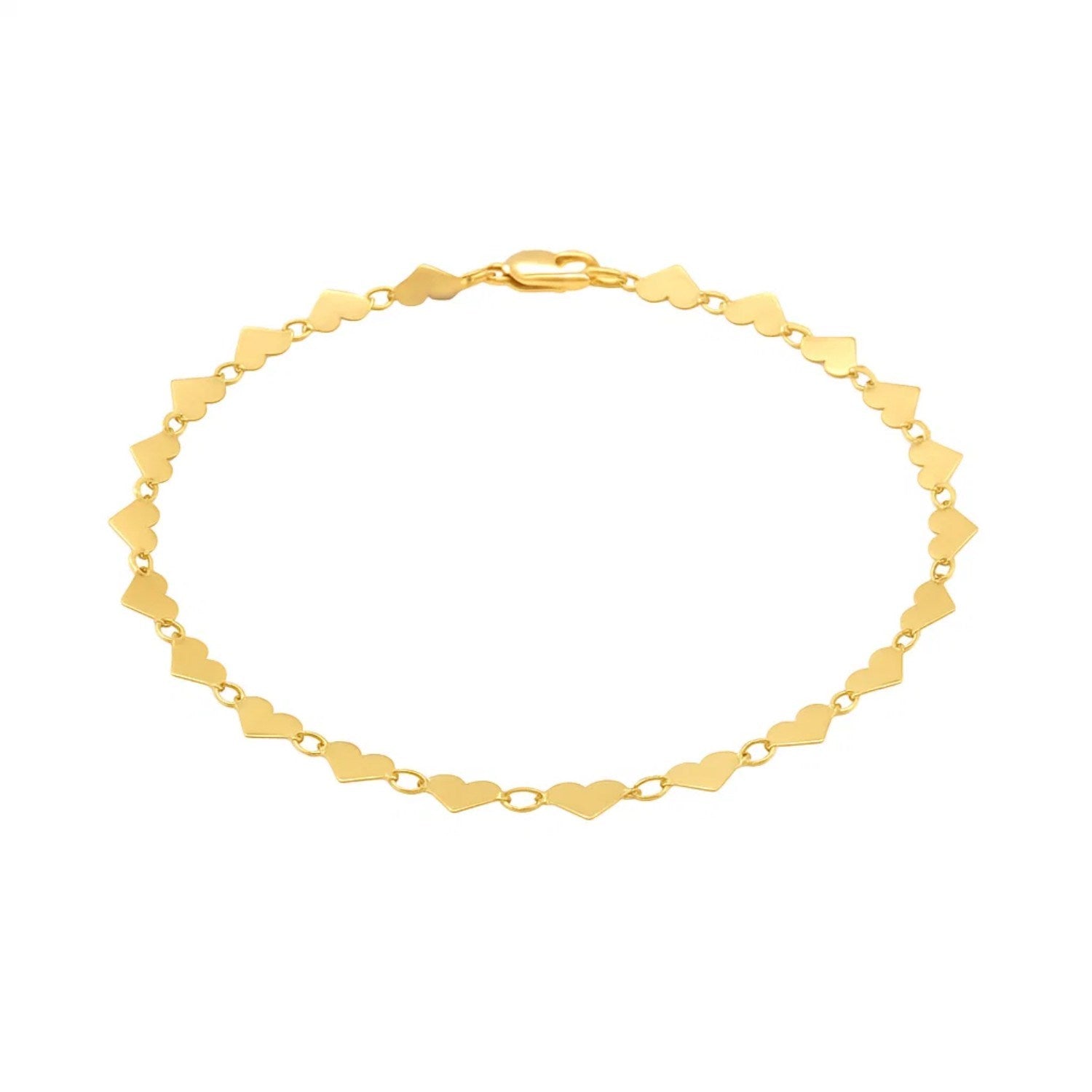 14k yellow gold 7-inch mirrored heart chain bracelet featuring classic link design and elegant shine.