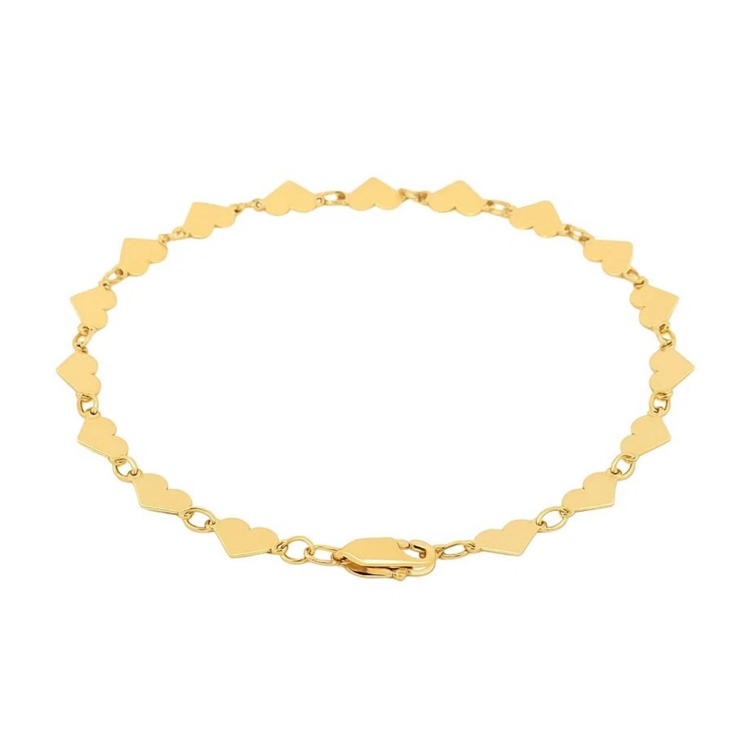 14k yellow gold 7-inch mirrored heart chain bracelet with classic link design, perfect for elegant layering.