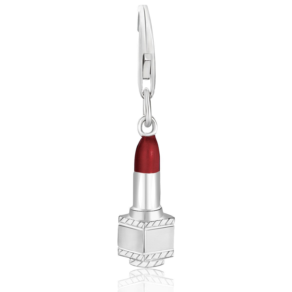Sterling silver lipstick charms with vibrant red enamel finish, embodying modern luxury and playful elegance.