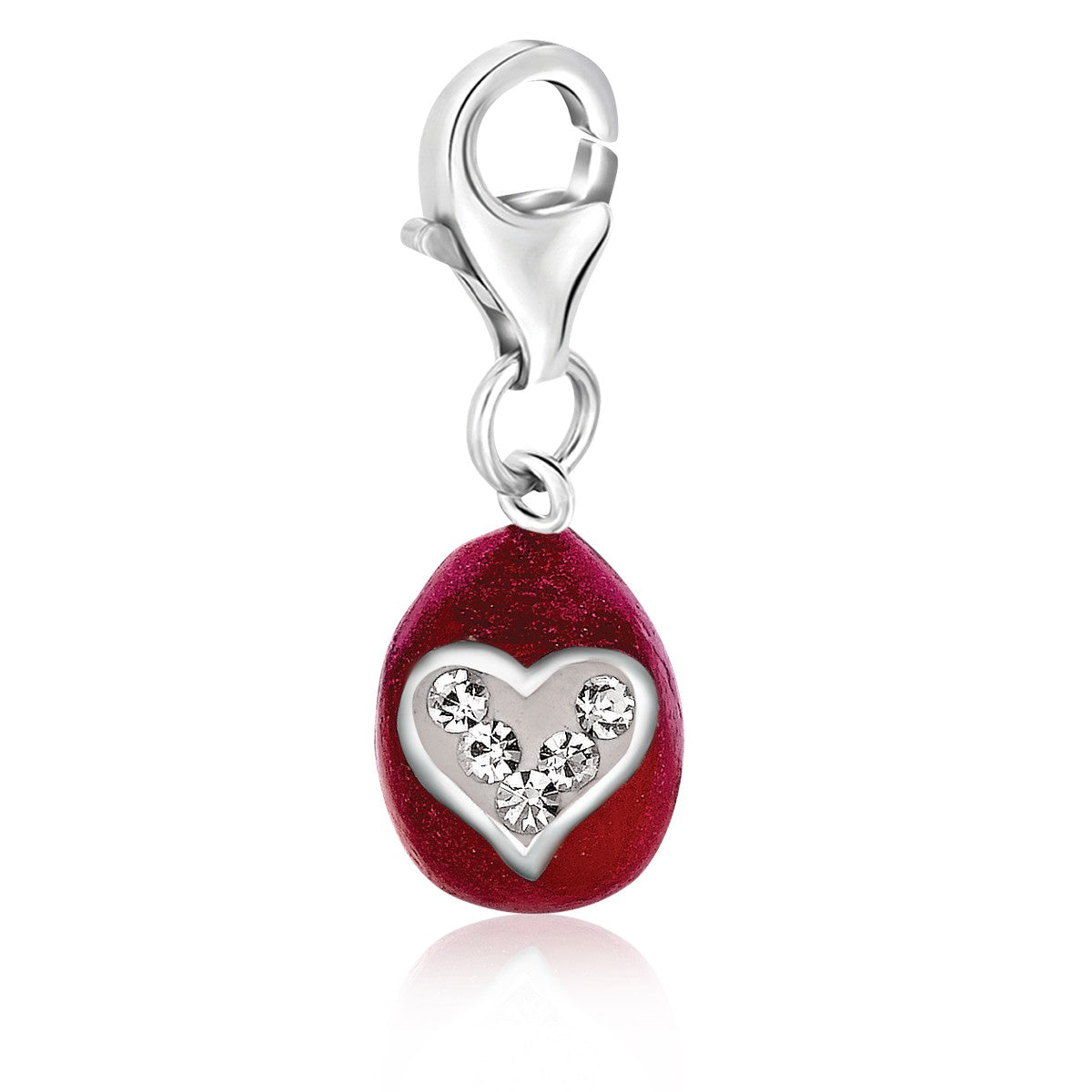 Sterling silver charm featuring a red finish and white tone crystal-accented heart in a modern design.