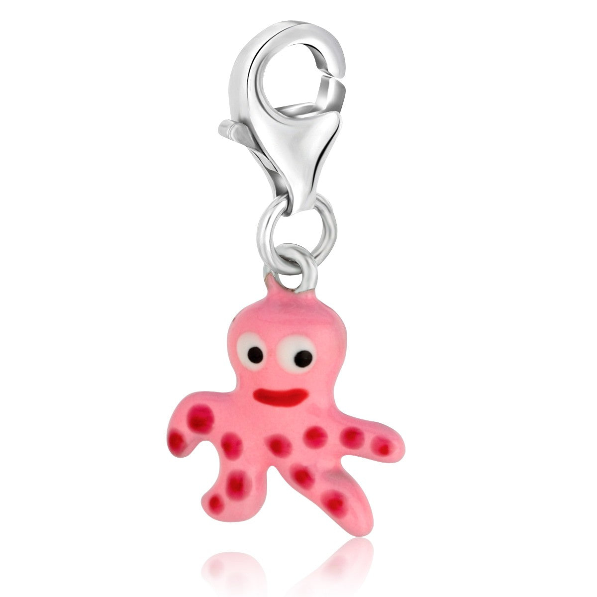 Sterling silver octopus charm with pink enamel finish, showcasing modern luxury design and intricate detailing.