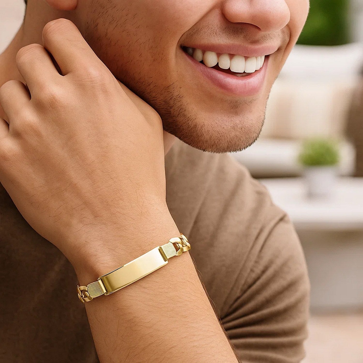 14k yellow gold men's wide curb chain ID bracelet, modern design with 10mm links, perfect for luxury style.
