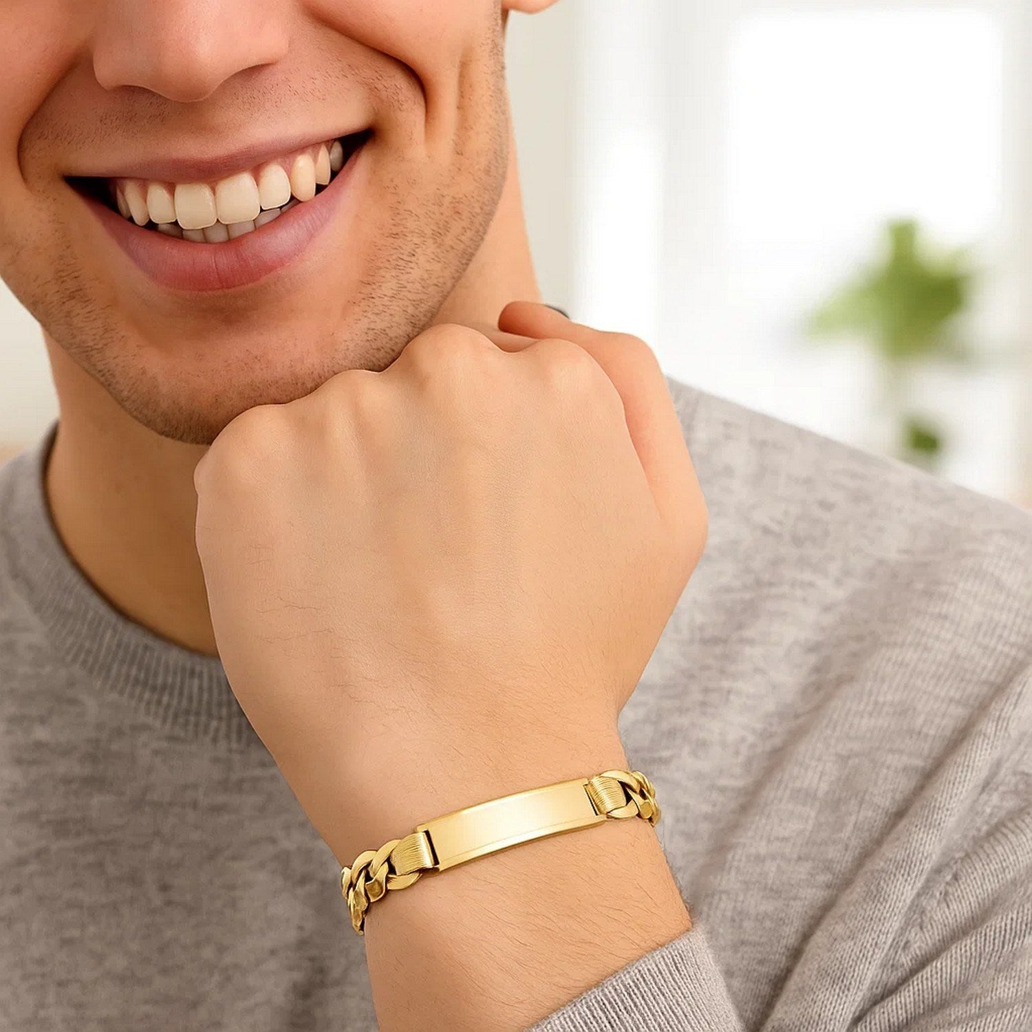 14k yellow gold men's wide curb chain ID bracelet, modern design with 10.00 mm links, perfect for luxury style.