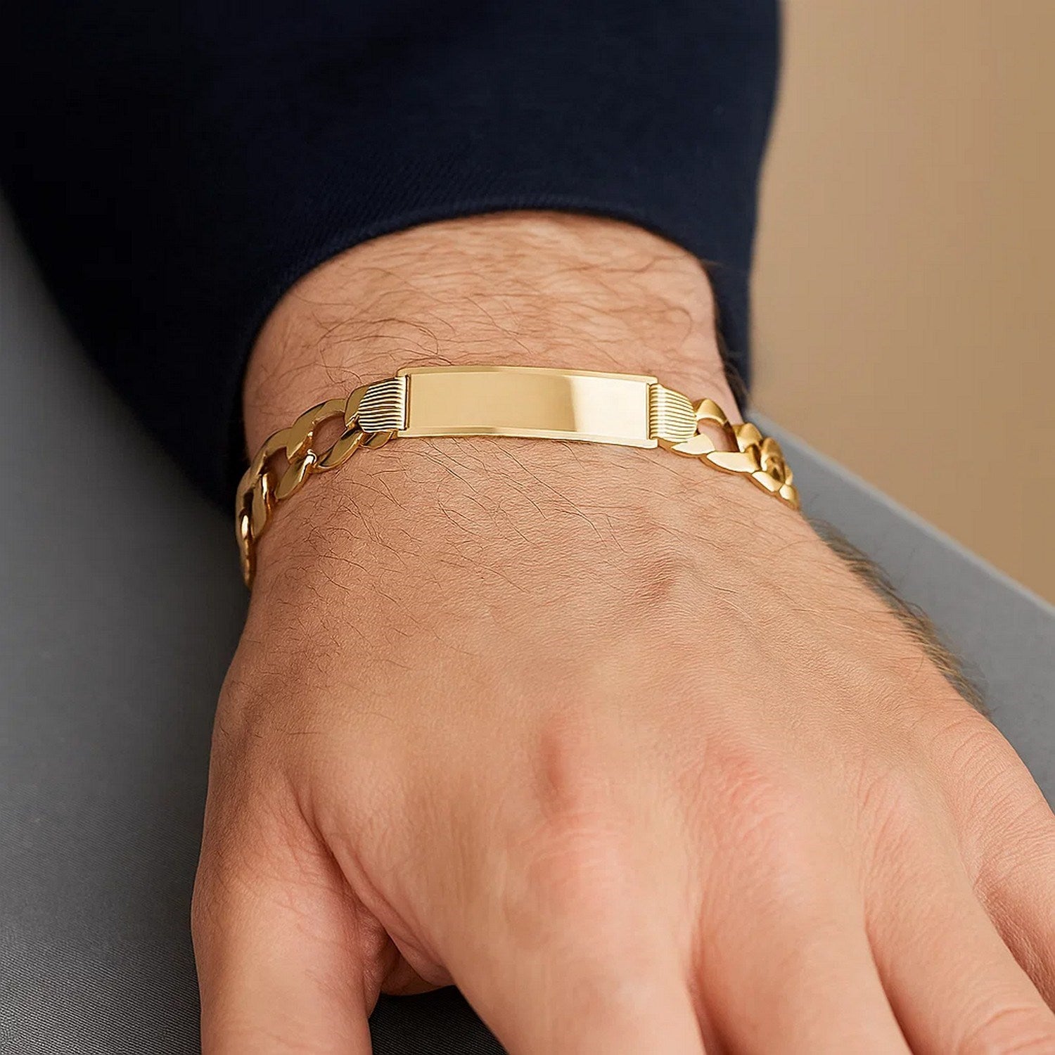 14k yellow gold men's wide curb chain ID bracelet with modern link design, 8 1/2 inches, 10.00 mm width.
