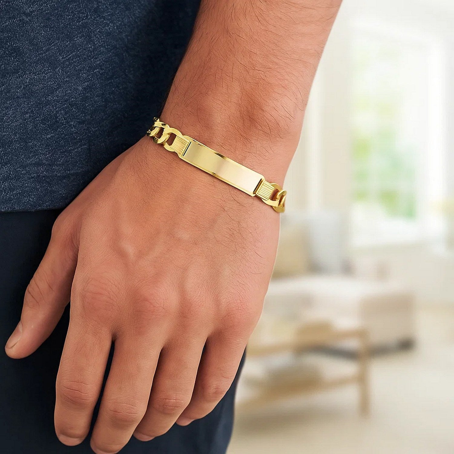 14k yellow gold men's wide curb chain ID bracelet with modern link design, 8 1/2 inches, 10.00 mm width.