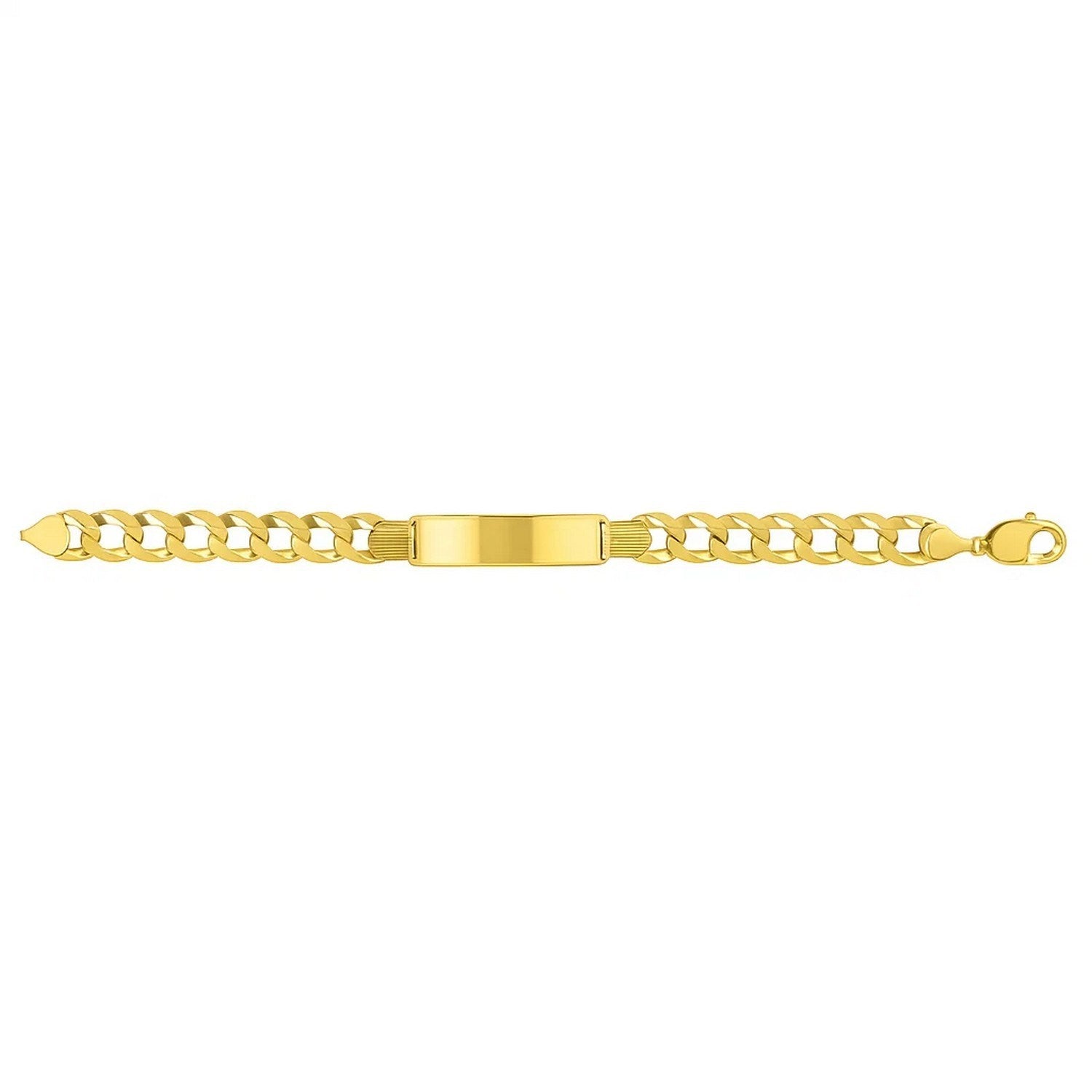 14k yellow gold men's wide curb chain ID bracelet with modern link design, 8 1/2 inch length, 10.00 mm width.