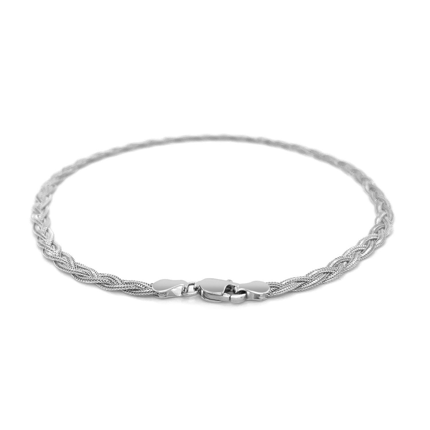 14k white gold braided foxtail anklet showcasing modern luxury and intricate craftsmanship for elegant styling.