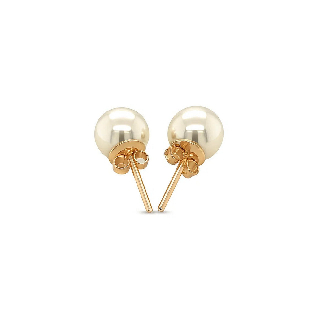 14k yellow gold stud earrings featuring 6mm round freshwater cultured pearls in a modern design.