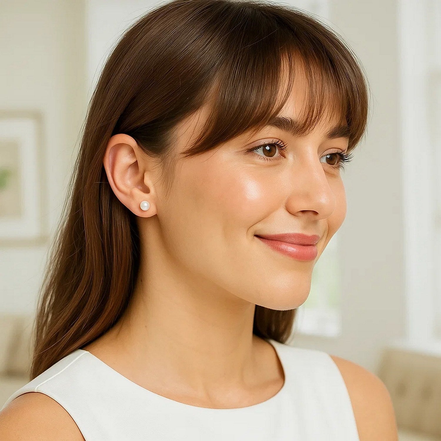 14k yellow gold stud earrings featuring 6mm round freshwater cultured pearls in a modern design.