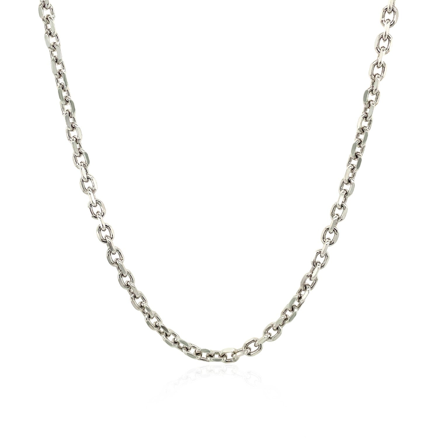 Sterling silver rhodium plated cable chain with modern link design, perfect for layering or as a statement piece.