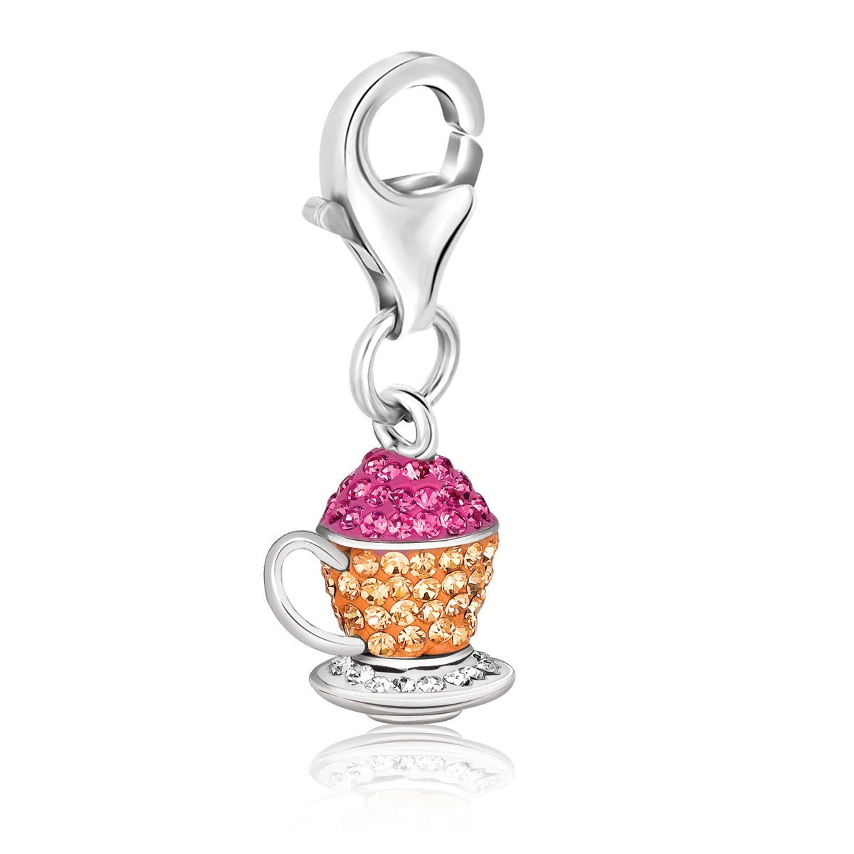 Sterling silver tea cup charm encrusted with multi-color crystals, exuding elegance and luxury for charm bracelets.