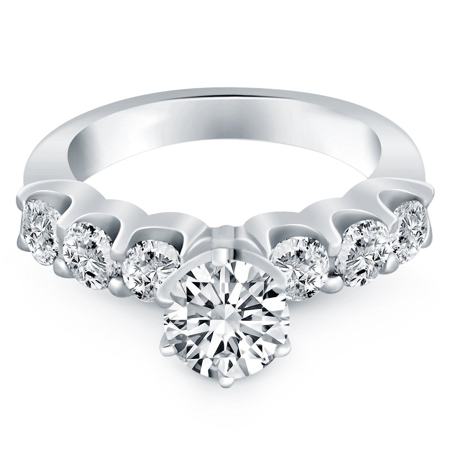 Elegant 14k white gold shared prong diamond engagement ring showcasing a stunning round diamond in a refined design.