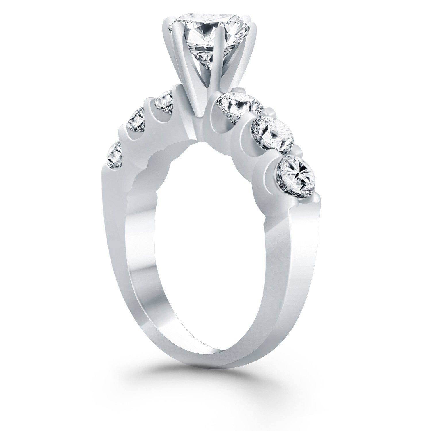 14k white gold shared prong diamond engagement ring featuring a stunning round diamond in an elegant design.