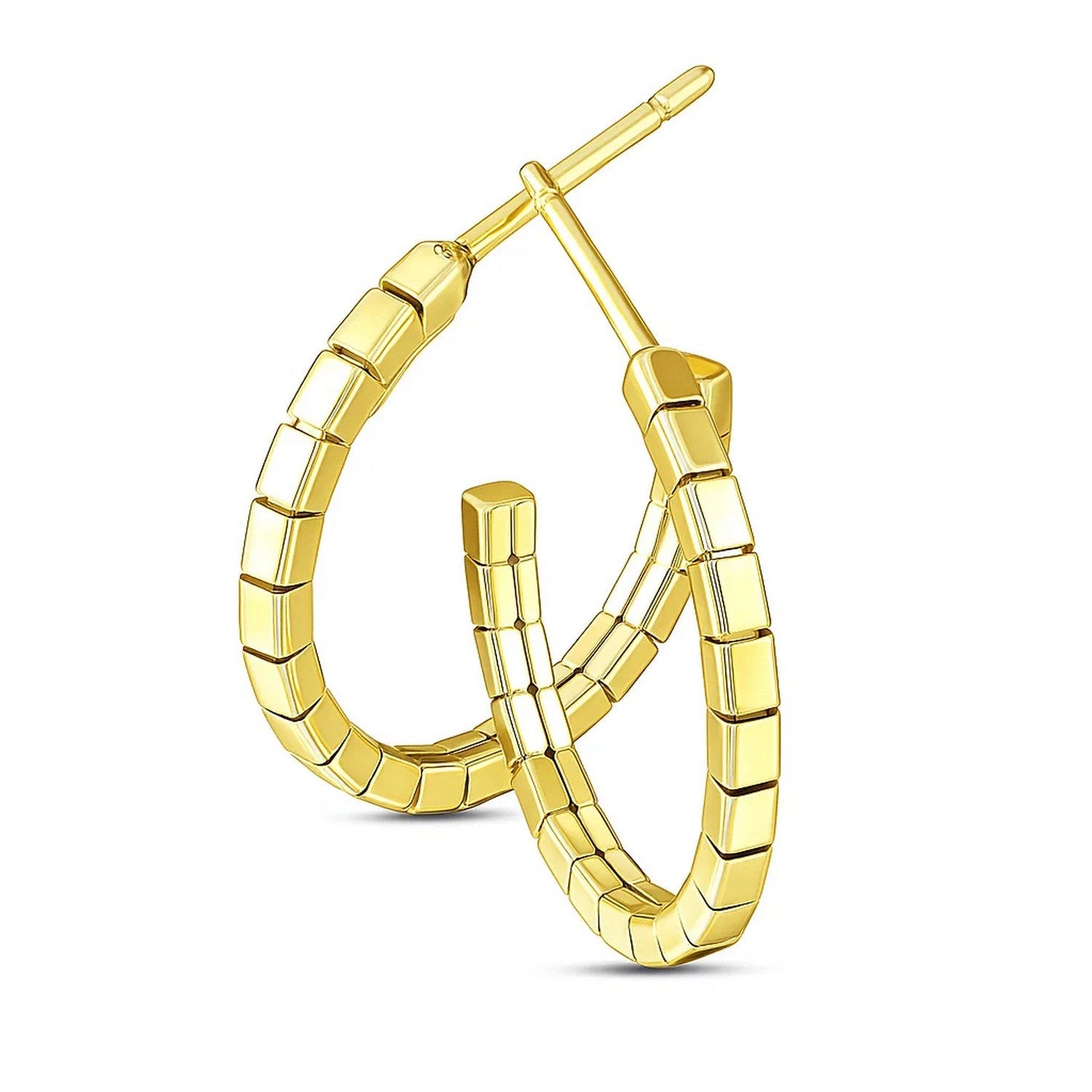 14k yellow gold polished hoop earrings showcasing a modern design with a sleek, luxurious finish.