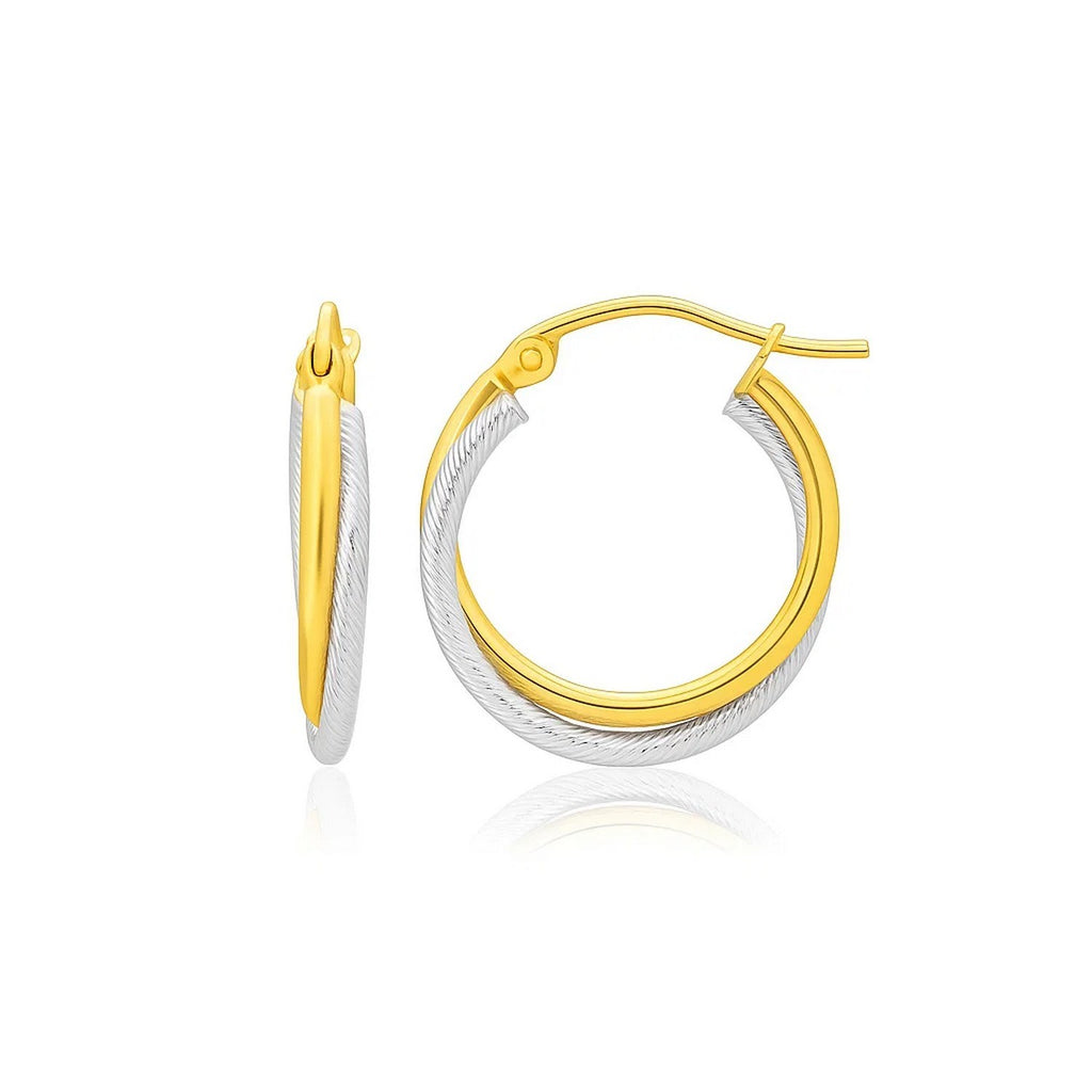 14k two-tone gold textured polished hoop earrings, a modern luxury accessory for elegant occasions.