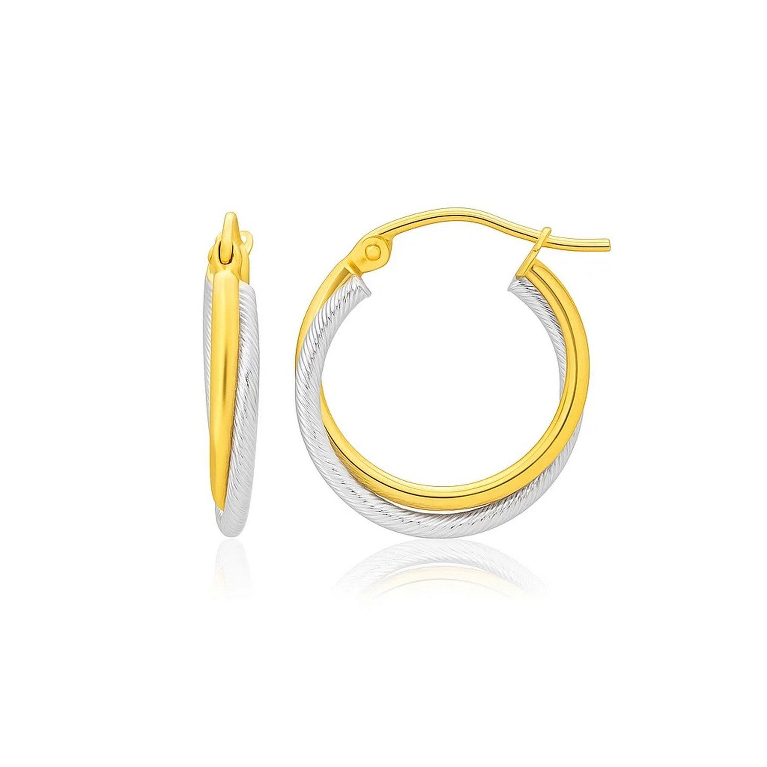 14k two-tone gold textured polished hoop earrings, a modern luxury accessory for elegant occasions.