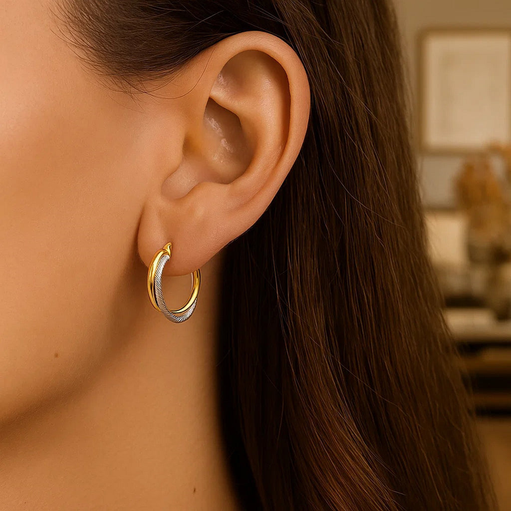 14k two-tone gold textured polished hoop earrings, modern design with luxurious shine and elegant craftsmanship.