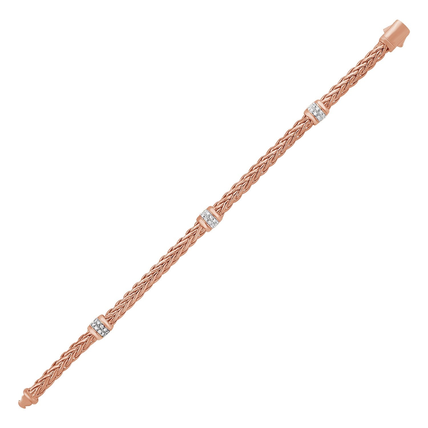 Polished 14k rose gold woven rope bracelet adorned with round diamond accents in a modern prong setting.