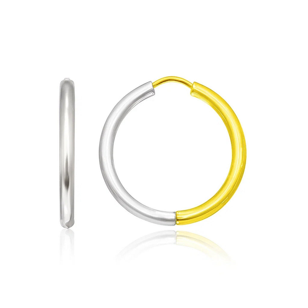 14k two-tone gold polished hoop earrings with a sleek minimalist design, perfect for elegant everyday wear.